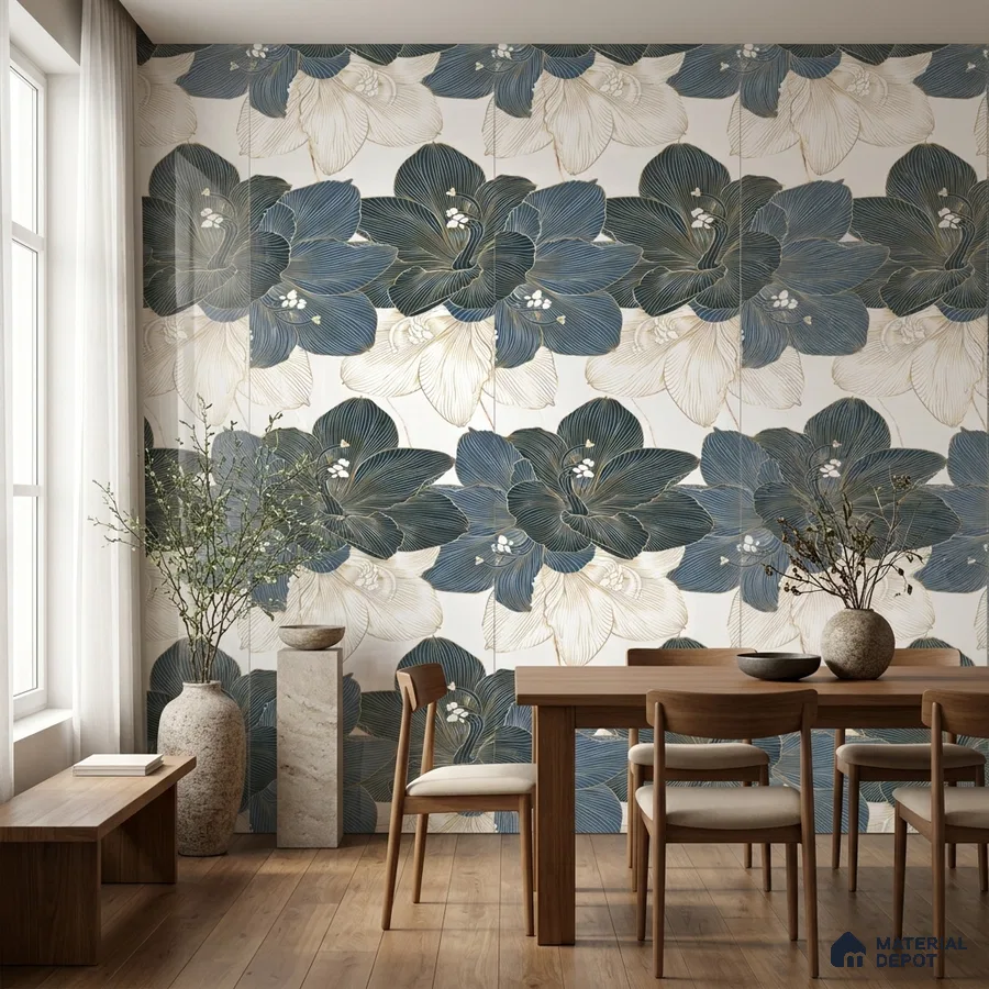 Scandinavian dining room with large floral tile and natural wood furniture