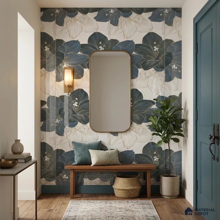 Modern foyer with blue floral tile, wooden bench, and oak wood flooring