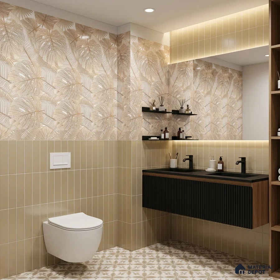 Modern bathroom with beige tropical highlighter wall tile, vertical beige subway wall tile, and patterned floor tile