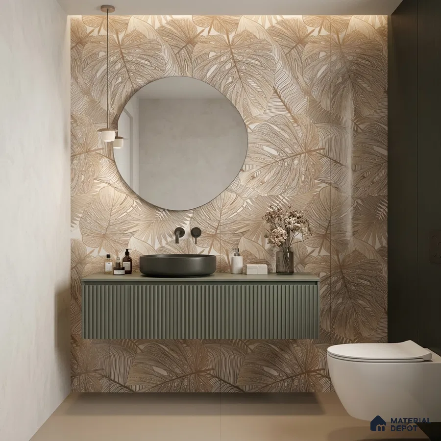 Modern bathroom with beige tropical leaf patterned wall tile and sage green fluted vanity