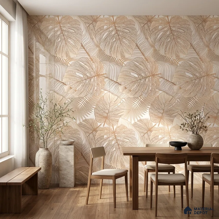Scandinavian dining room with beige tropical tile and natural oak wooden flooring