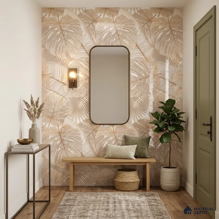 Scandinavian foyer with beige tropical tile and natural wood bench