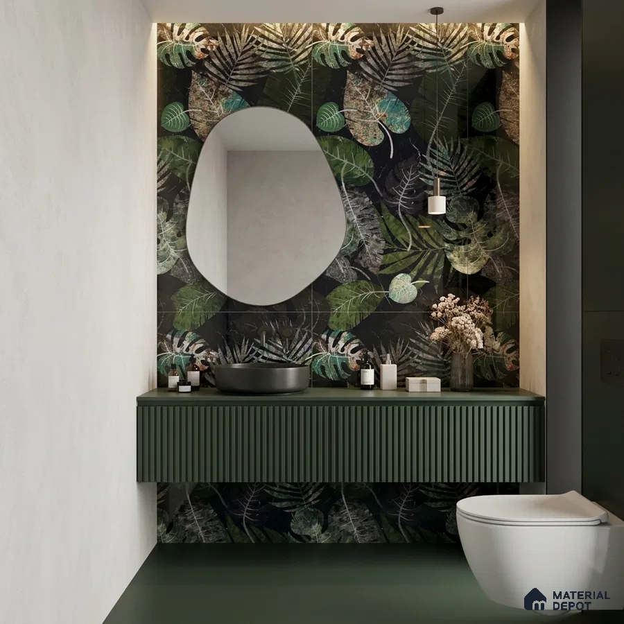 Modern bathroom with tropical leaf highlighter wall tile and olive green fluted vanity laminate