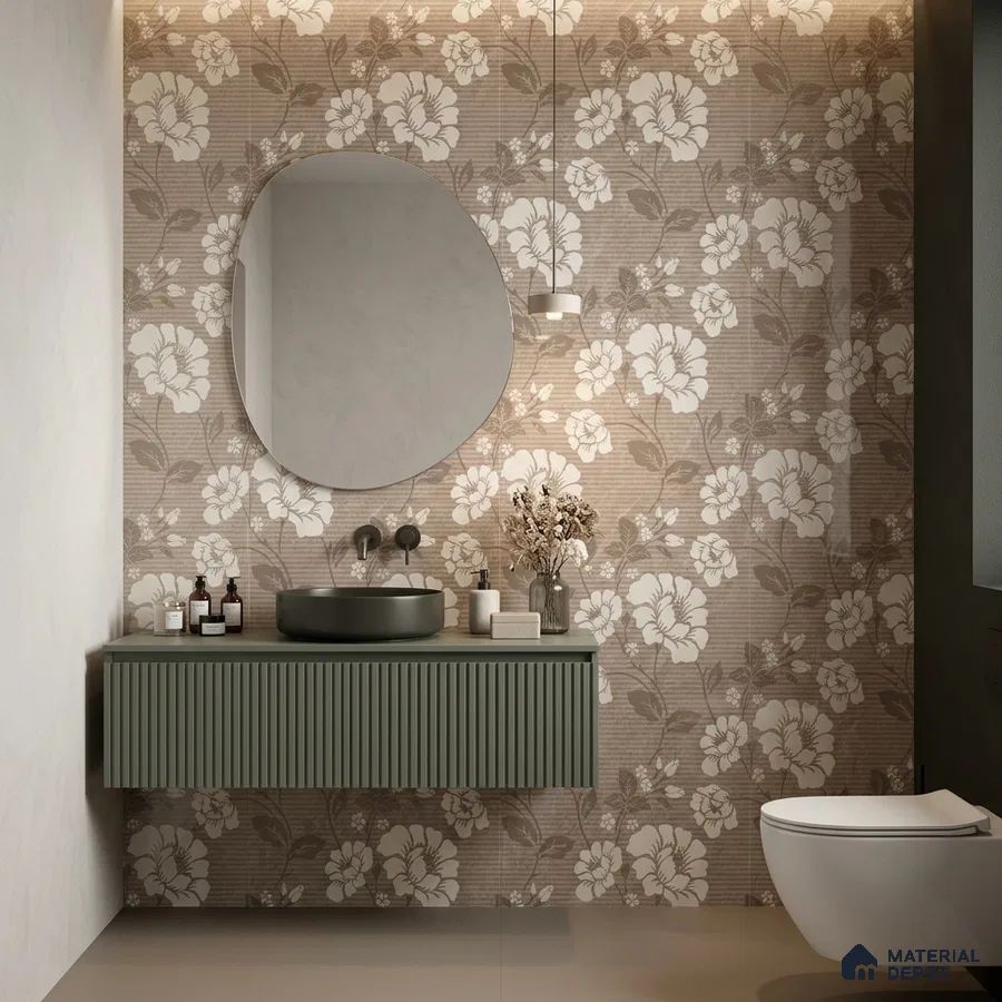 Modern bathroom with floral patterned wall tile and sage green fluted vanity