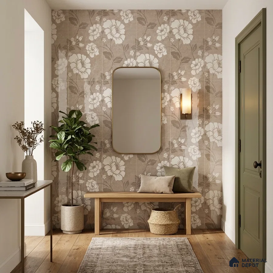 Scandinavian foyer with floral tile, natural wood bench, and light oak wooden flooring