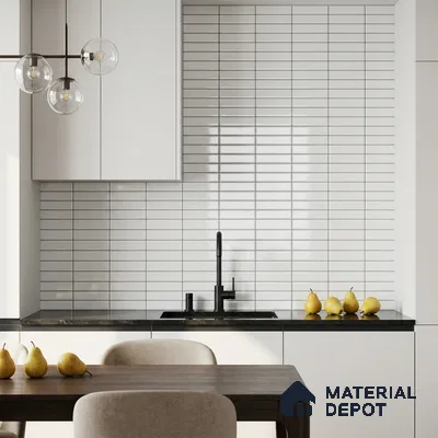Modern Kitchen with Glossy White Stacked Brick Backsplash Tile and White Cabinets