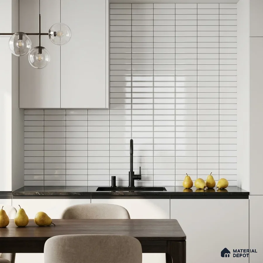 Modern Kitchen with Glossy White Stacked Brick Backsplash Tile and White Cabinets
