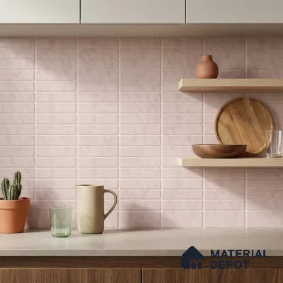 Modern Kitchen with Blush Pink Matte Brick Tile and Walnut Cabinets