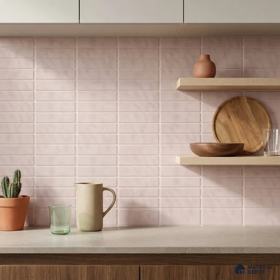 Modern Kitchen with Blush Pink Matte Brick Tile and Walnut Cabinets