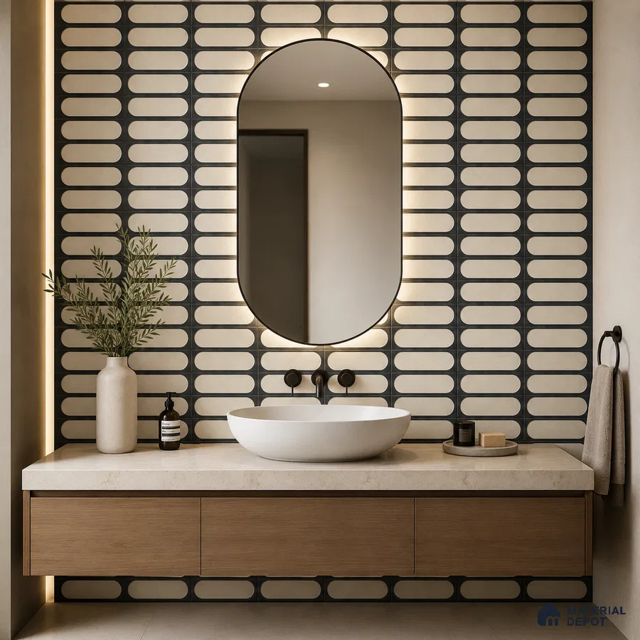 Modern Bathroom with Black and Cream Capsule Relief Tile and Oval Mirror