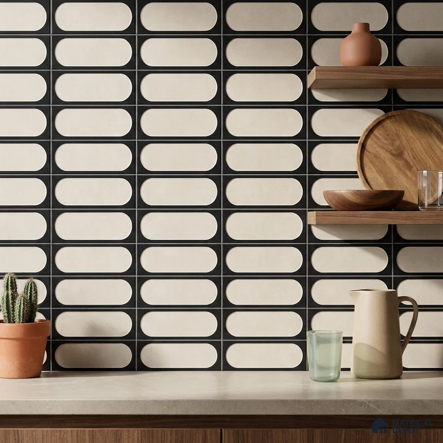 Modern Kitchen with Black and Cream Capsule Relief Tile