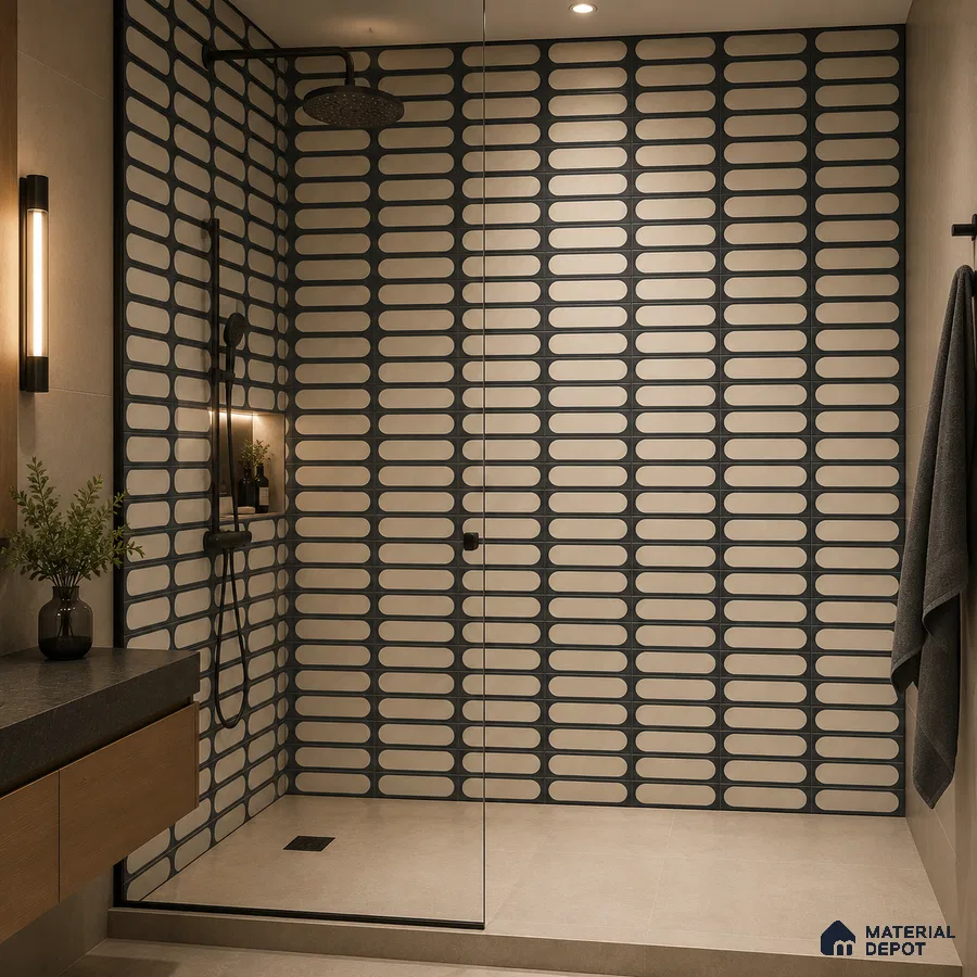 Modern Bathroom with Black and Cream Capsule Relief Tile
