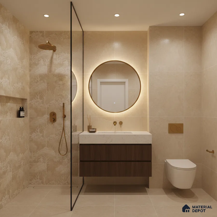 Modern bathroom with beige marble-look tiles, floating wood vanity, and backlit round mirror