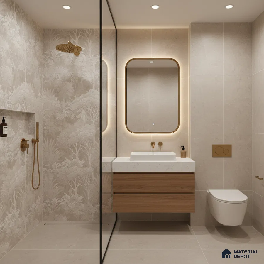 Modern bathroom with beige patterned wall tiles, wood vanity, and matte gold fixtures