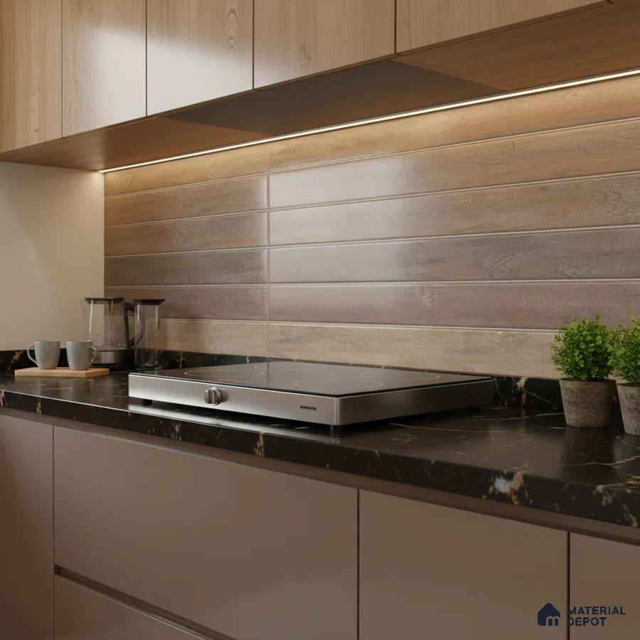 Modern kitchen with wood-look backsplash tile, light wood laminate cabinets, and black marble countertop