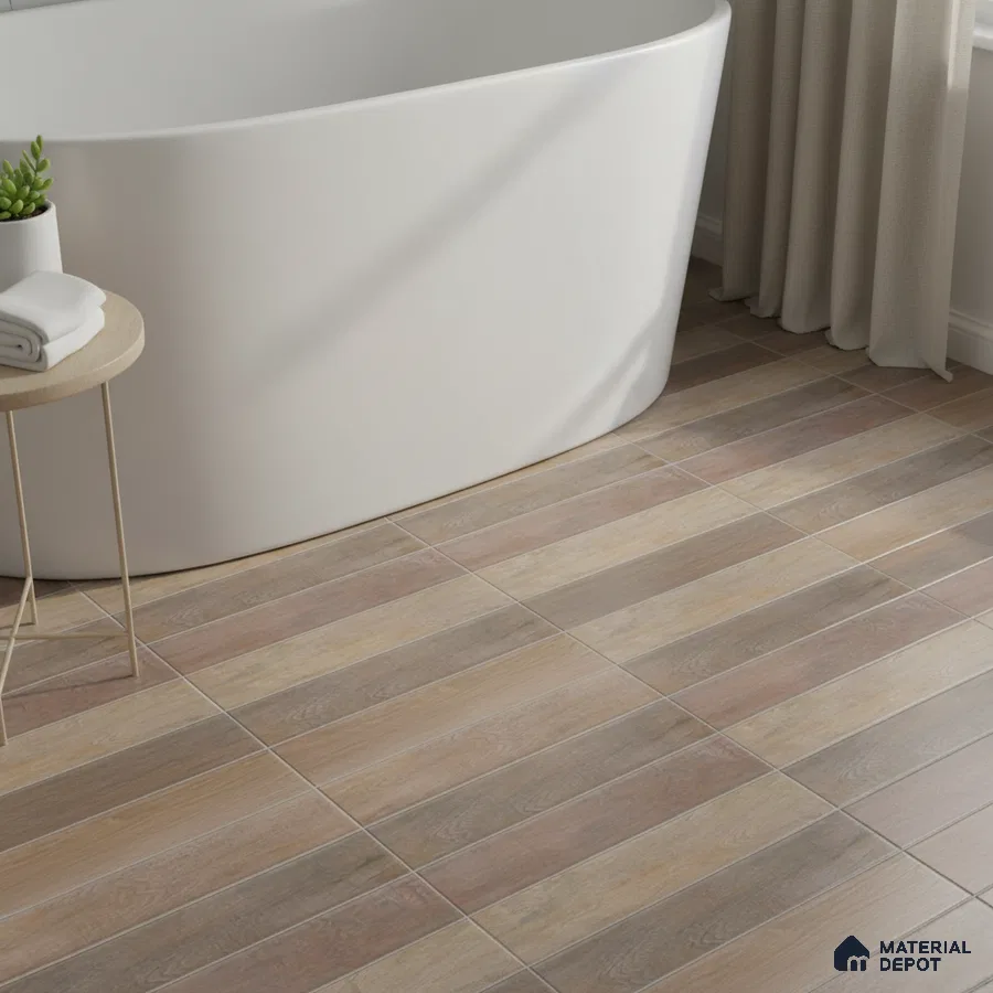 Minimalist bathroom with wood-look plank floor tiles and freestanding tub