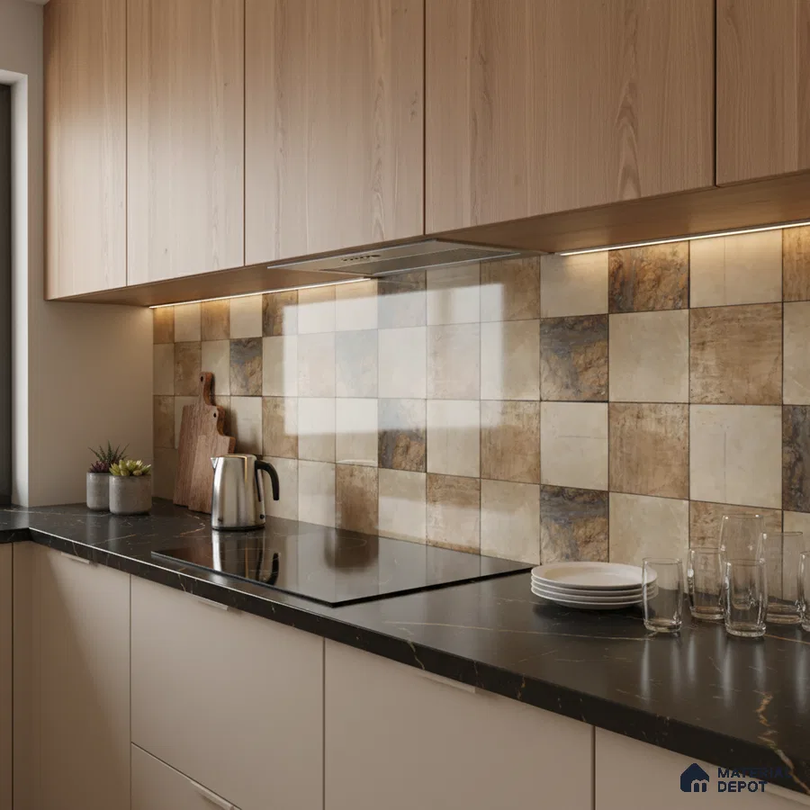 Modern kitchen with light oak laminate cabinets, black marble countertop, and rustic checkerboard backsplash tiles