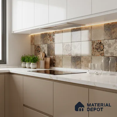 Modern kitchen with patterned floral backsplash tiles and white marble-look quartz countertop