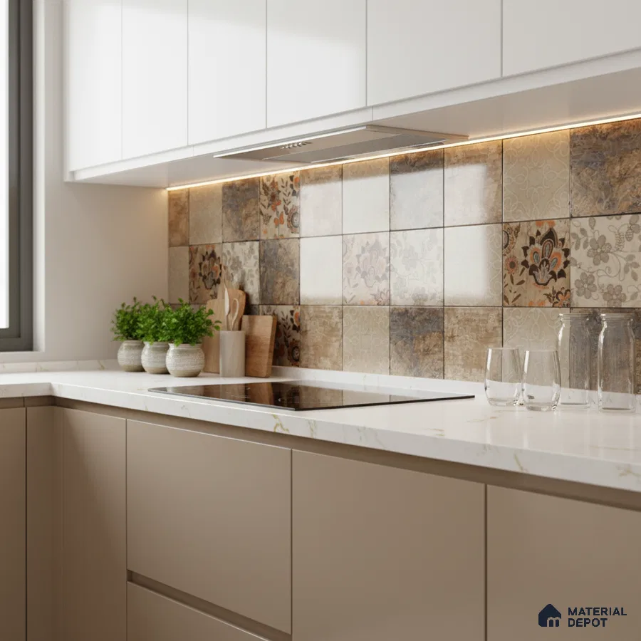 Modern kitchen with patterned floral backsplash tiles and white marble-look quartz countertop