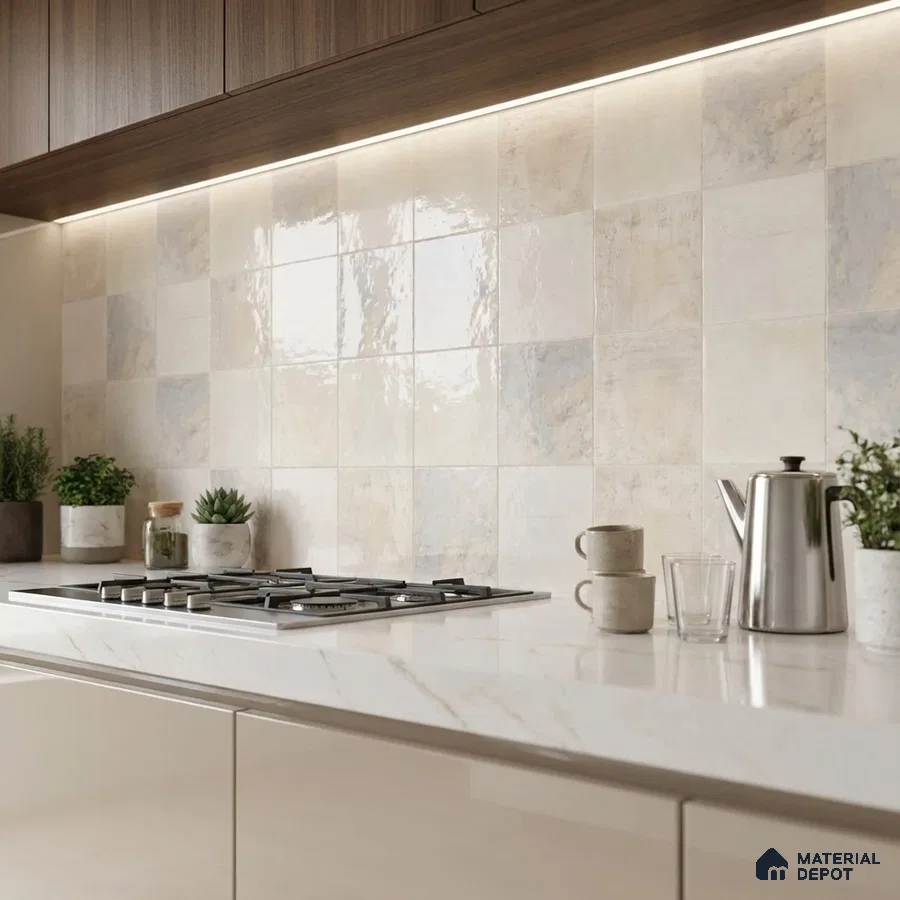 Modern kitchen with glossy beige square backsplash tiles, marble-look quartz countertop, and walnut wood laminate cabinets