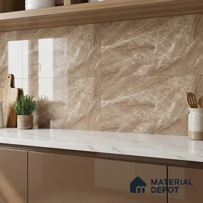 Modern kitchen with beige marble-look wall tiles, glossy taupe laminate cabinets, and white marble countertop