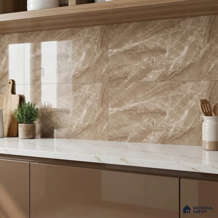 Modern kitchen with beige marble-look wall tiles, glossy taupe laminate cabinets, and white marble countertop