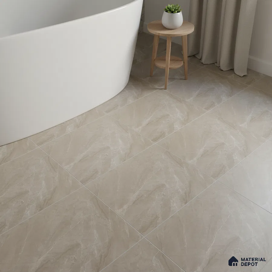 Minimalist bathroom with beige marble-look floor tiles and freestanding tub