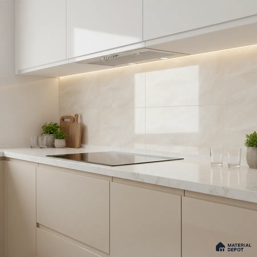 Minimalist kitchen with beige matte laminate cabinets, white marble-look quartz countertop, and cream marble backsplash tile