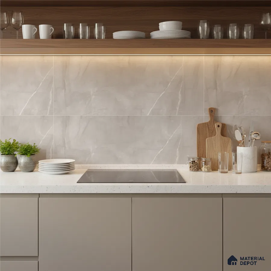 Modern kitchen with beige matte laminate cabinets, white quartz countertop, and marble-look wall tiles
