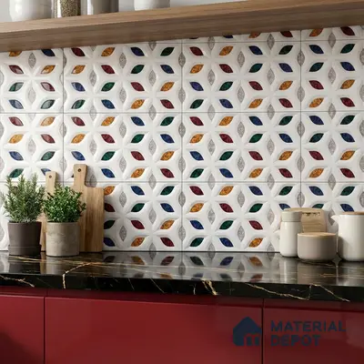 Modern kitchen with multicolor geometric patterned backsplash tile, black marble countertop, and wine red laminate cabinets