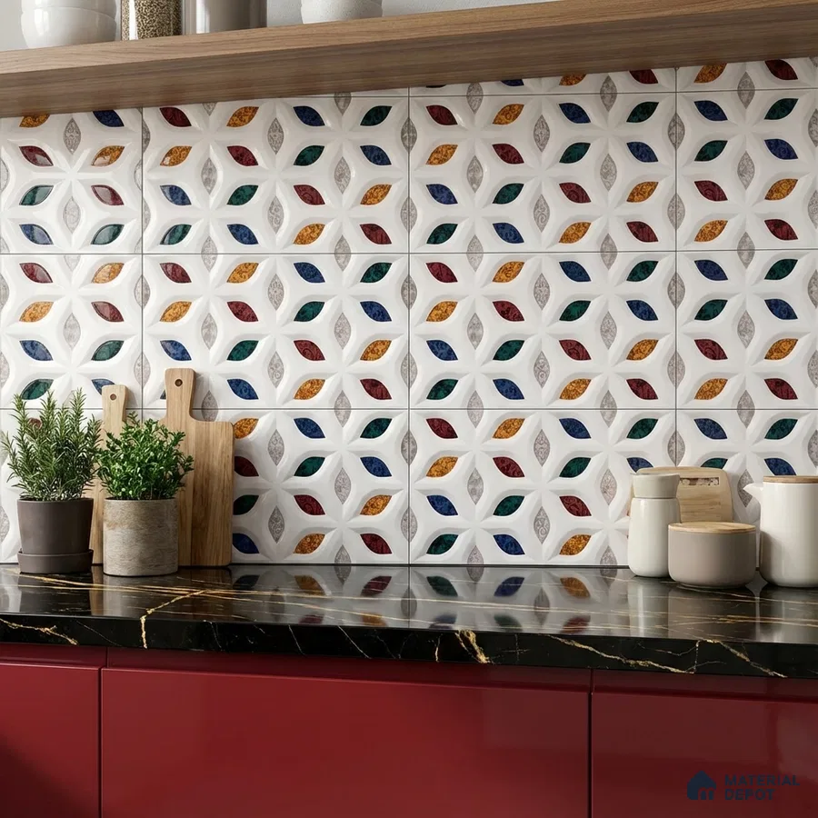 Modern kitchen with multicolor geometric patterned backsplash tile, black marble countertop, and wine red laminate cabinets