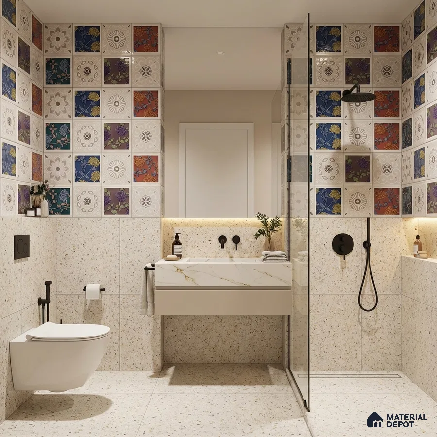 Eclectic kitchen with multicolor floral and geometric patterned backsplash tiles and black marble countertop