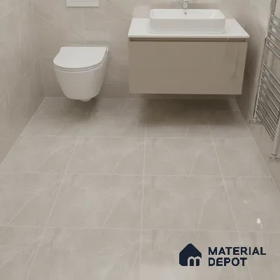Minimalist bathroom with beige marble-look wall and floor tiles and floating vanity