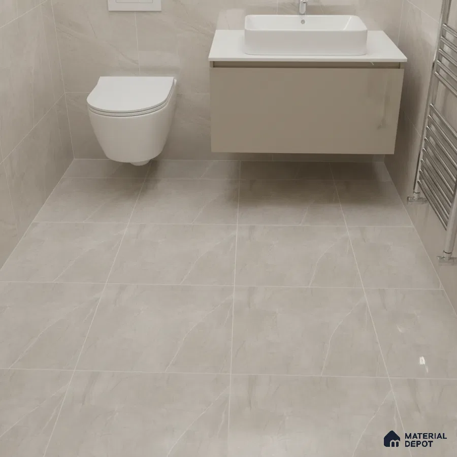 Minimalist bathroom with beige marble-look wall and floor tiles and floating vanity