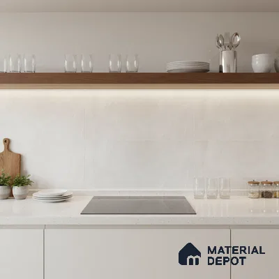 Minimalist kitchen with white quartz countertop, matte white cabinets, and warm wood open shelf