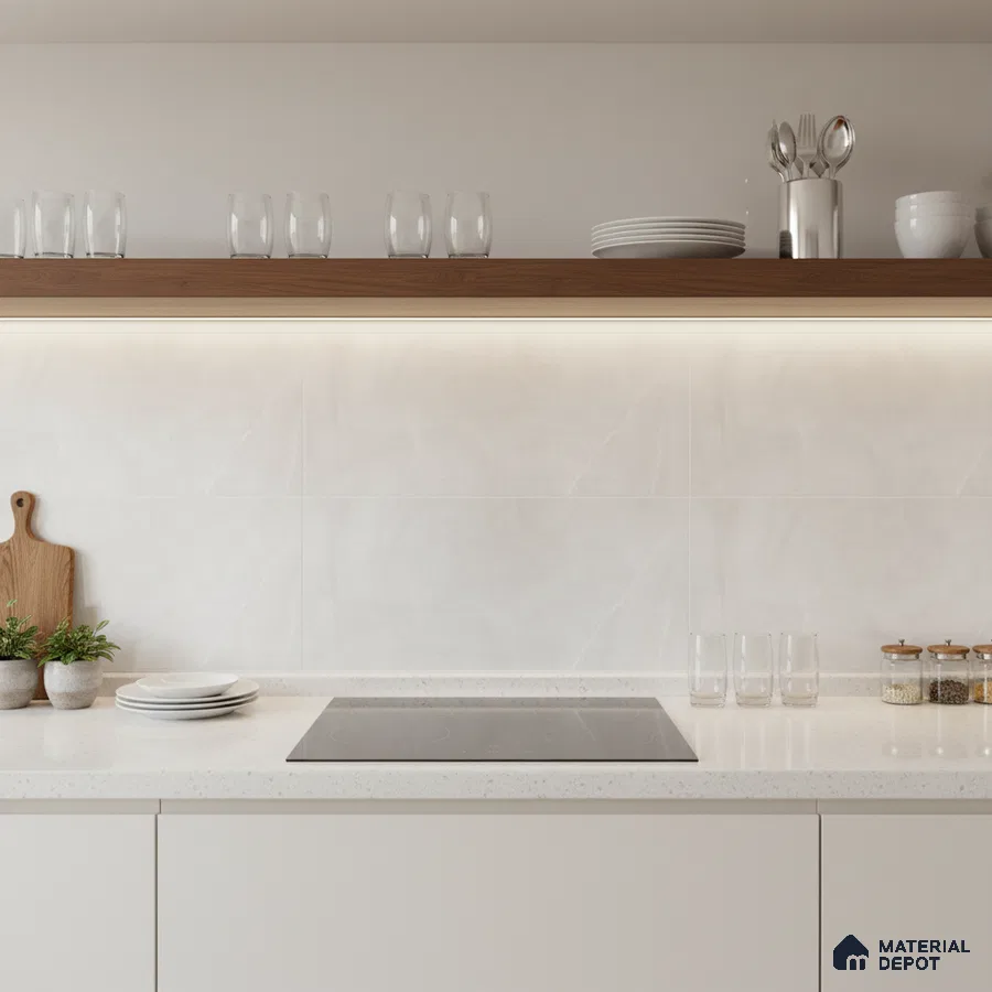 Minimalist kitchen with white quartz countertop, matte white cabinets, and warm wood open shelf