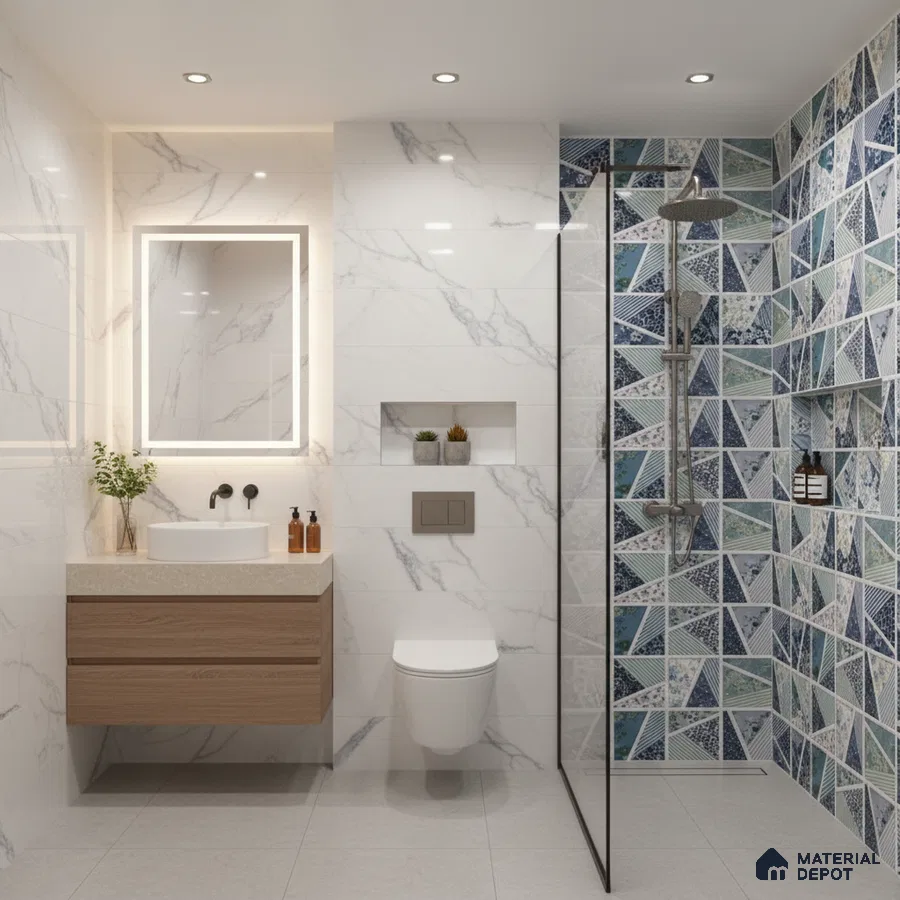 Modern bathroom with white marble wall tiles, geometric blue patterned shower tiles, and floating wood vanity