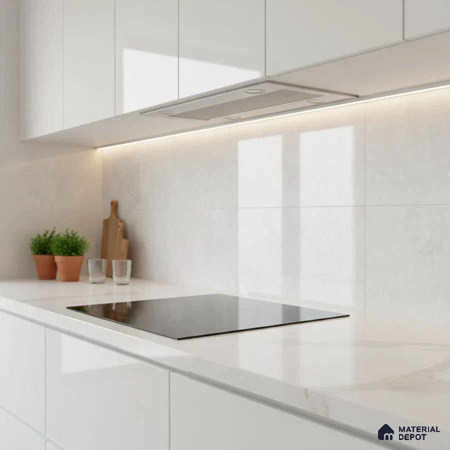 Minimalist kitchen with frosty white laminate cabinets and white marble-look quartz countertop