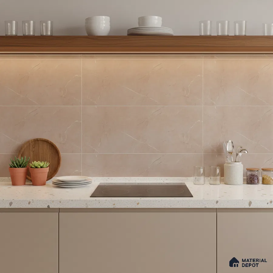 Modern kitchen with beige marble-look wall tiles, terrazzo countertop, and taupe laminate cabinets