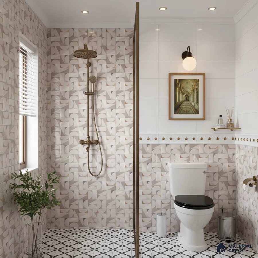 Modern kitchen with geometric patterned backsplash tile and white quartz countertop