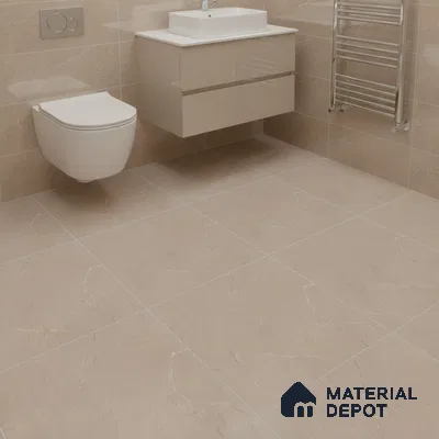 Modern bathroom with beige marble-look wall and floor tiles and floating vanity