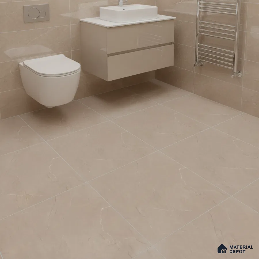 Modern bathroom with beige marble-look wall and floor tiles and floating vanity