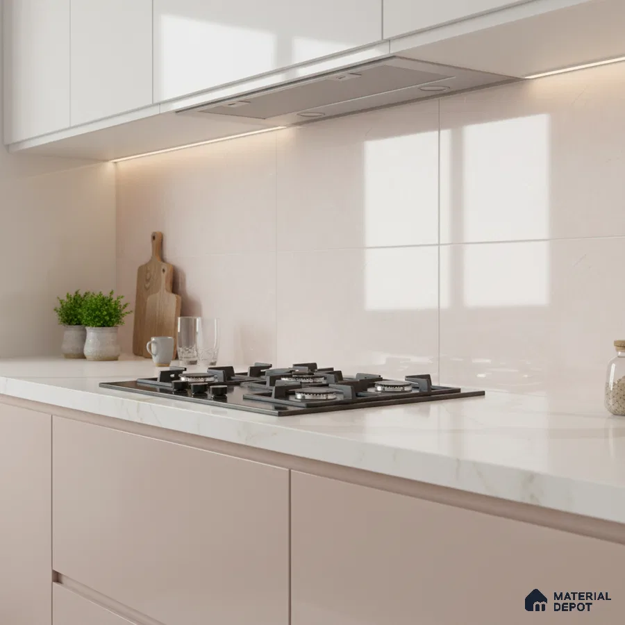 Minimalist kitchen with blush pink laminate, frosty white laminate, and white marble-look quartz countertop