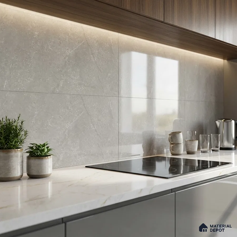 Modern kitchen with grey marble-look backsplash tile, white marble countertop, and walnut wood laminate cabinets