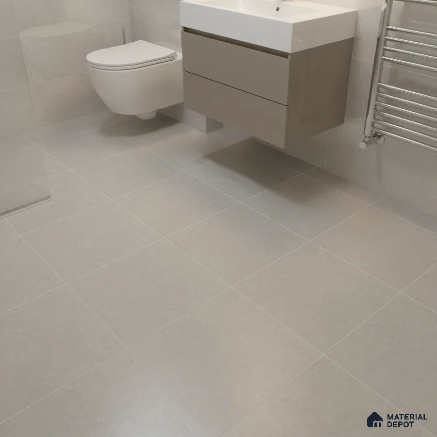 Minimalist bathroom with light grey matte tiles and taupe floating vanity