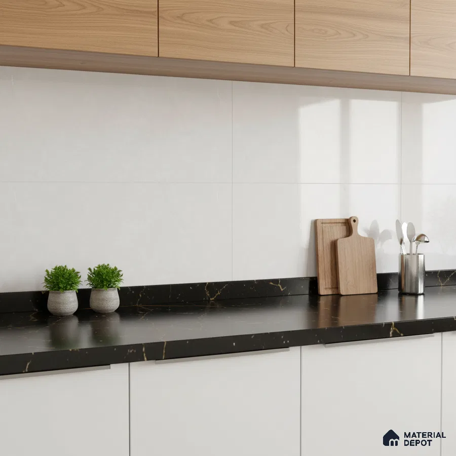 Modern kitchen with light oak laminate cabinets, white wall tiles, and black marble-look quartz countertop