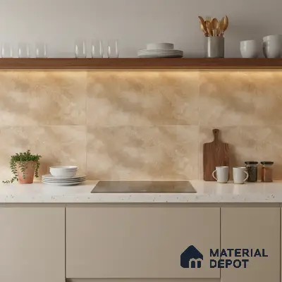 Modern kitchen with beige marble-look wall tiles, white quartz countertop, and taupe laminate cabinets