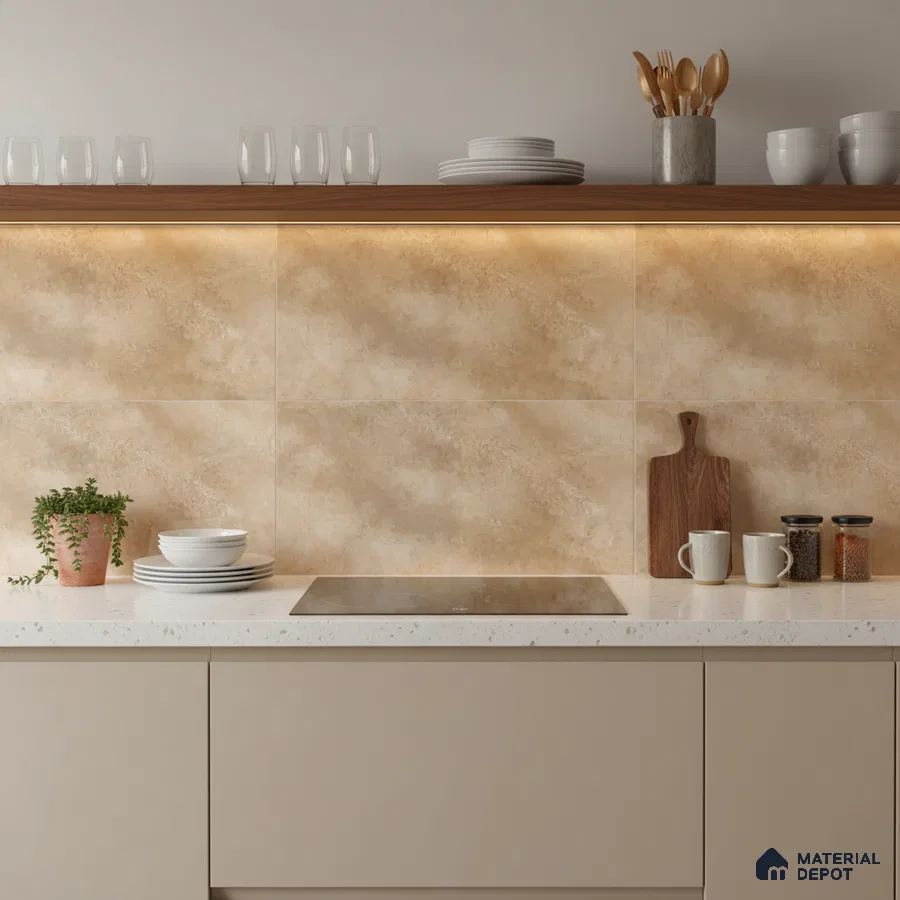 Modern kitchen with beige marble-look wall tiles, white quartz countertop, and taupe laminate cabinets