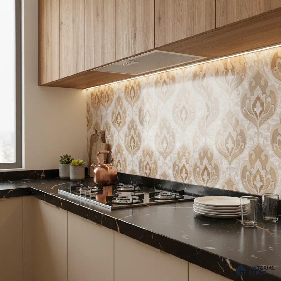 Modern kitchen with oak wood laminate cabinets, black marble countertop, and beige damask patterned backsplash tile