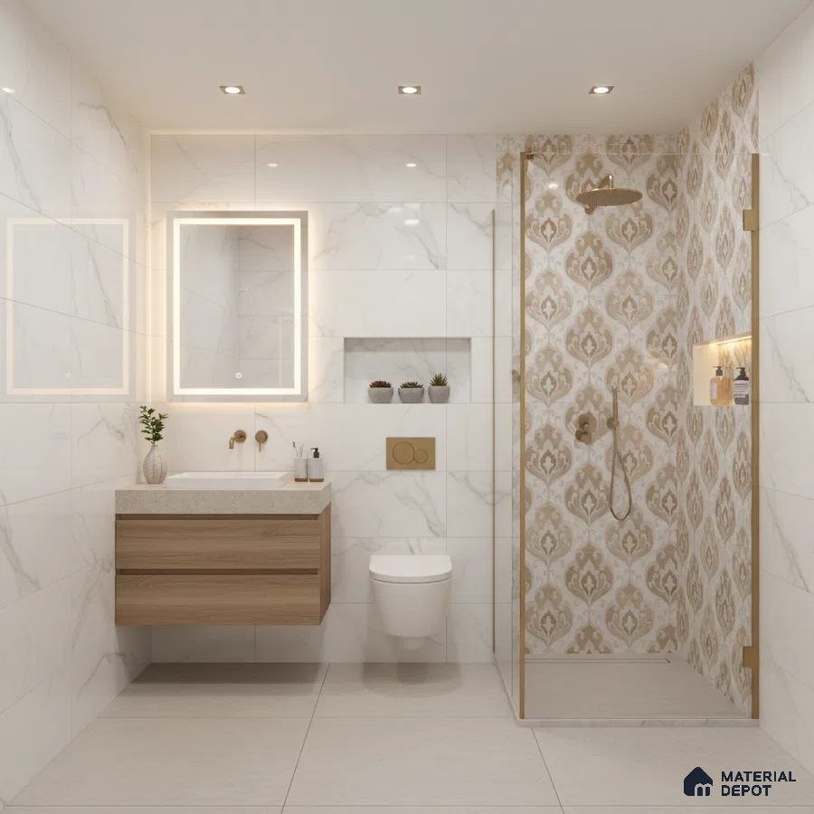 Modern bathroom with white marble wall tiles, beige patterned highlighter shower tiles, and wood vanity